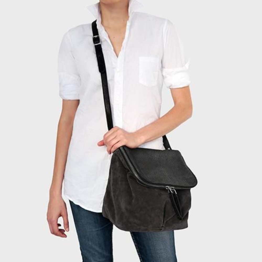 49sq miles canteen crossbody bag in black suede and black pebbled leathe…